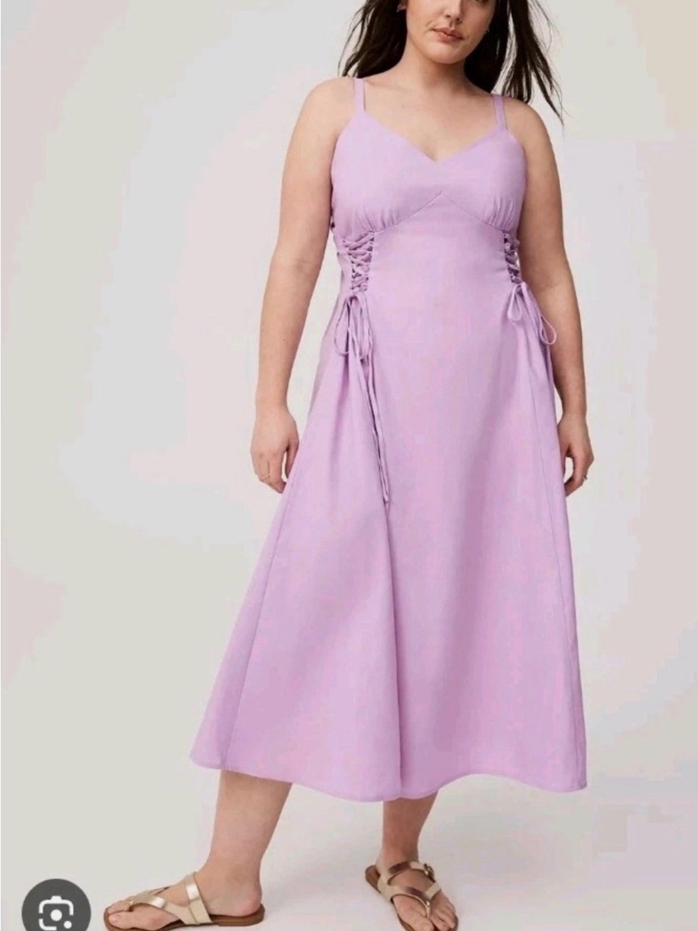 Lilac linen Midi Dress with V-Neck and Side Lace-Up